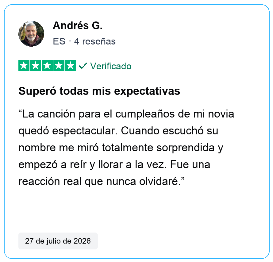 Reseña verificada de cinco estrellas de Andrés G., ES, 4 reseñas. Superó todas mis expectativas. La canción para el cumpleaños de mi novia quedó espectacular. Cuando escuchó su nombre me miró totalmente sorprendida y empezó a reír y llorar a la vez. Fue una reacción real que nunca olvidaré. 27 de julio de 2026.
