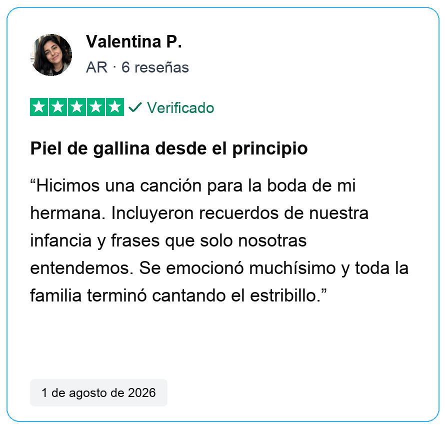 Reseña verificada de cinco estrellas de Valentina P., AR, 6 reseñas. Piel de gallina desde el principio. Hicimos una canción para la boda de mi hermana. Incluyeron recuerdos de nuestra infancia y frases que solo nosotras entendemos. Se emocionó muchísimo y toda la familia terminó cantando el estribillo. 1 de agosto de 2026.