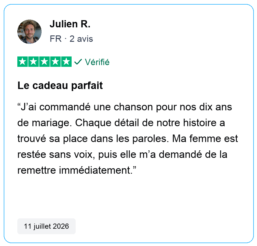 Avis vérifié cinq étoiles de Julien R., FR, 2 avis. Le cadeau parfait. J’ai commandé une chanson pour nos dix ans de mariage. Chaque détail de notre histoire a trouvé sa place dans les paroles. Ma femme est restée sans voix, puis elle m’a demandé de la remettre immédiatement. 11 juillet 2026.