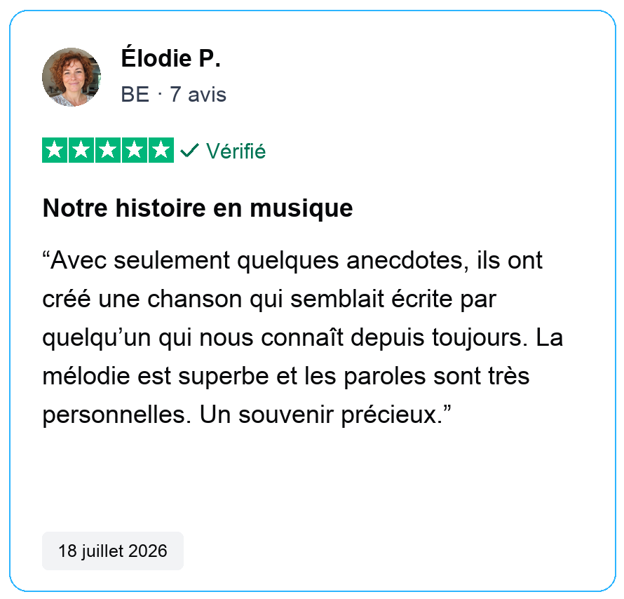 Avis vérifié cinq étoiles d’Élodie P., BE, 7 avis. Notre histoire en musique. Avec seulement quelques anecdotes, ils ont créé une chanson qui semblait écrite par quelqu’un qui nous connaît depuis toujours. La mélodie est superbe et les paroles sont très personnelles. Un souvenir précieux. 18 juillet 2026.
