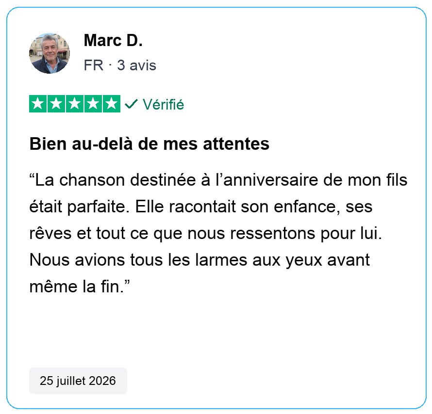 Avis vérifié cinq étoiles de Marc D., FR, 3 avis. Bien au-delà de mes attentes. La chanson destinée à l’anniversaire de mon fils était parfaite. Elle racontait son enfance, ses rêves et tout ce que nous ressentons pour lui. Nous avions tous les larmes aux yeux avant même la fin. 25 juillet 2026.