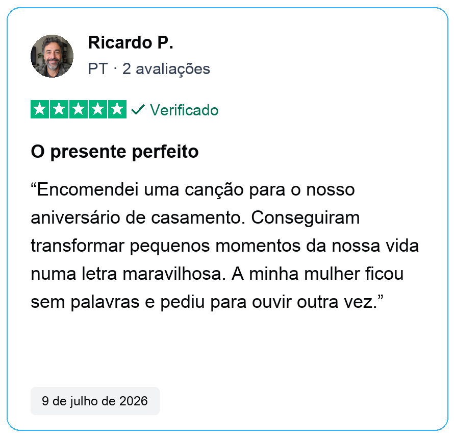 Avaliação verificada de cinco estrelas de Ricardo P., PT, 2 avaliações. O presente perfeito. Encomendei uma canção para o nosso aniversário de casamento. Conseguiram transformar pequenos momentos da nossa vida numa letra maravilhosa. A minha mulher ficou sem palavras e pediu para ouvir outra vez. 9 de julho de 2026.