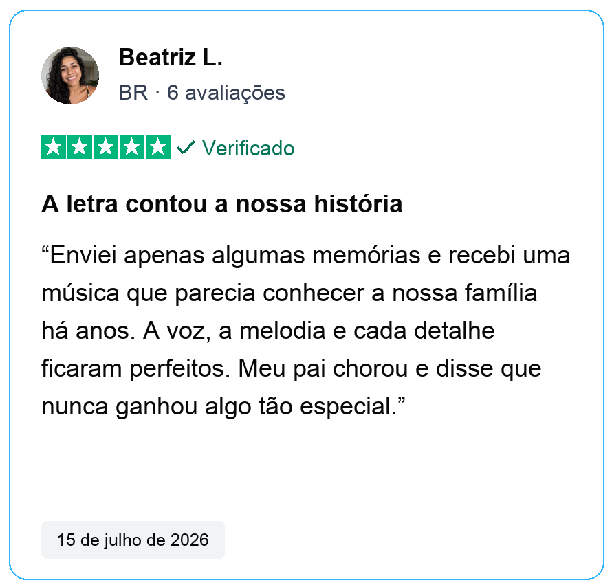 Avaliação verificada de cinco estrelas de Beatriz L., BR, 6 avaliações. A letra contou a nossa história. Enviei apenas algumas memórias e recebi uma música que parecia conhecer a nossa família há anos. A voz, a melodia e cada detalhe ficaram perfeitos. Meu pai chorou e disse que nunca ganhou algo tão especial. 15 de julho de 2026.